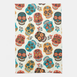 Decorated Skulls Background Kitchen Towel