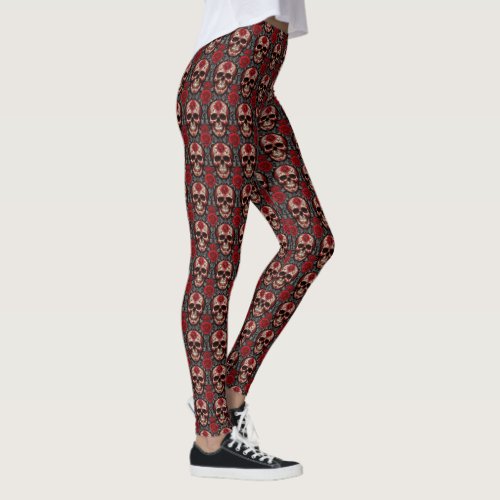 Decorated Skulls with Red Roses Leggings