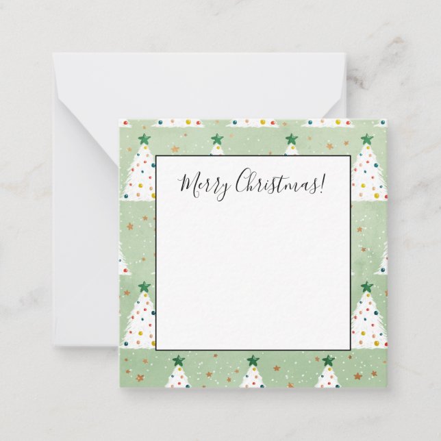 Decorated White Xmas Trees Green Star & Ornaments Note Card (Front)