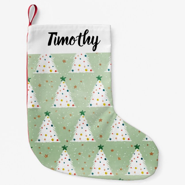 Decorated White Xmas Trees Green Star & Ornaments Small Christmas Stocking (Front)