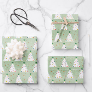 Decorated White Xmas Trees Green Star & Ornaments Wrapping Paper Sheets