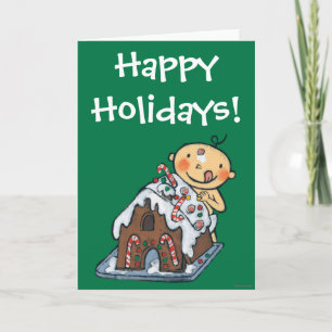 Decorating a Gingerbread House for Christmas Holiday Card