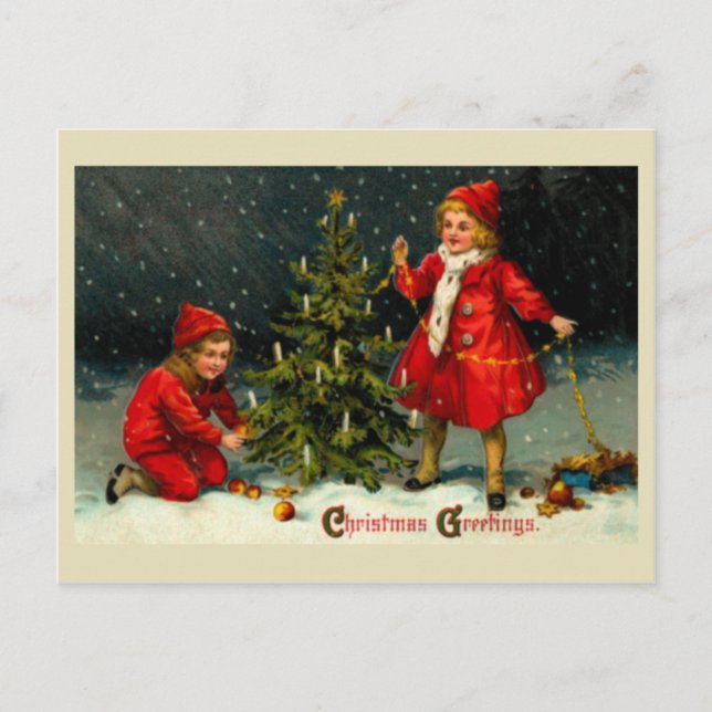 Decorating the Christmas tree-kids Holiday Postcard (Front)