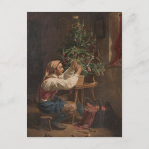 Decorating the Christmas Tree Vintage Painting Holiday Postcard