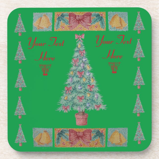 decorations bells and red bows on tree christmas beverage coaster (Front)