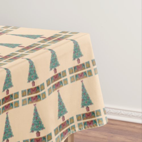 decorations bells and red bows on tree christmas tablecloth