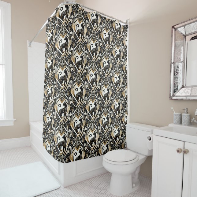 Decorative Abstract Black Cat Shower Curtain (In Situ)
