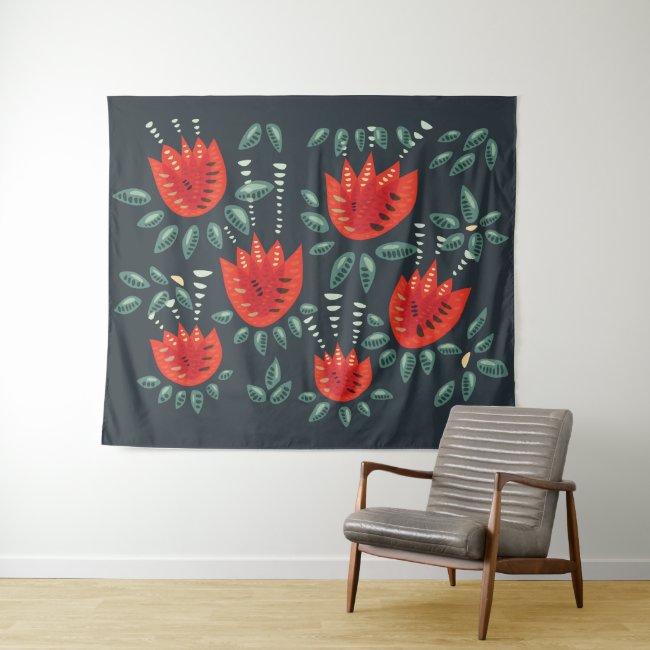 Decorative Abstract Red Tulip Dark Floral Pattern