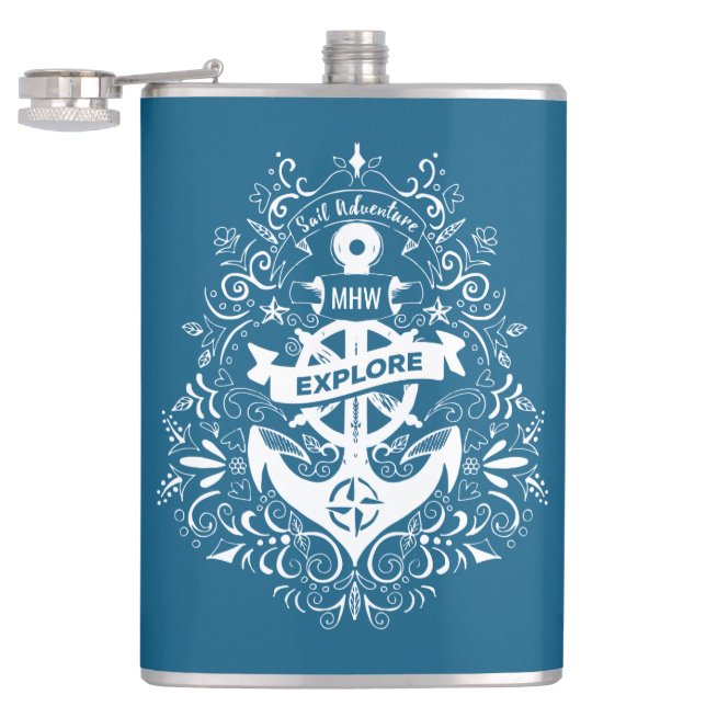 Decorative Anchor custom monogram flask (Opened)
