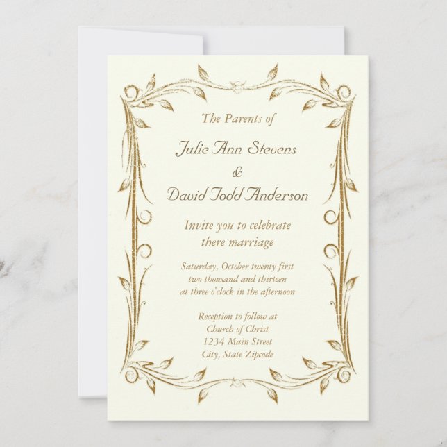 Decorative Antique Gold Border Wedding Invitation (Front)