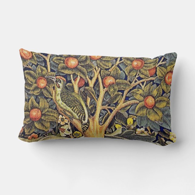 Decorative Art Blue Green Bird Tree Foliage Flower Lumbar Pillow (Back)