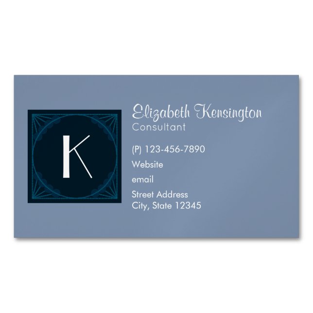 Decorative Art Deco Blue Square Monogram Business Card Magnet (Front)
