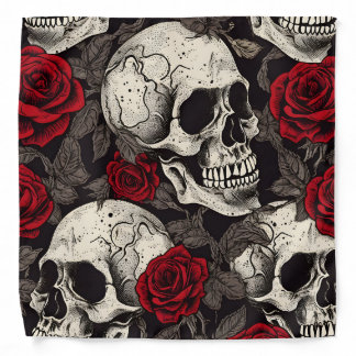 Decorative Art Skulls and Roses Black and Red  Bandana