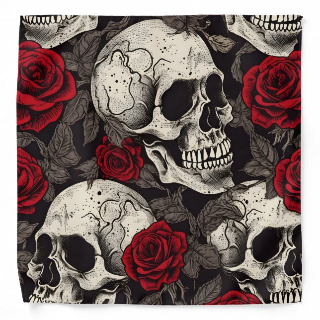 Decorative Art Skulls and Roses Black and Red  Bandana (Front)