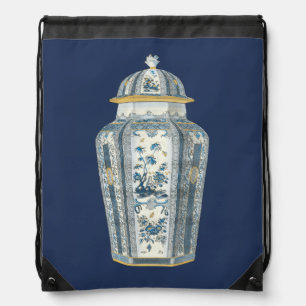 Decorative Asian Urn in Blue & White Drawstring Bag