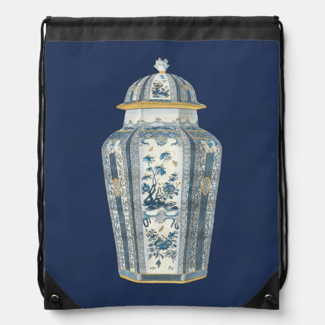 Decorative Asian Urn in Blue & White Drawstring Bag (Front)
