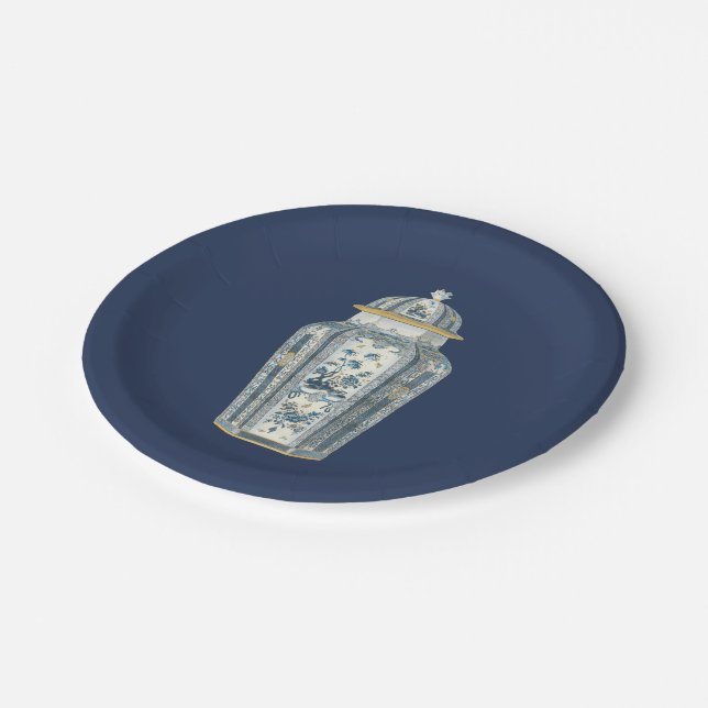 Decorative Asian Urn in Blue & White Paper Plates (Angled)