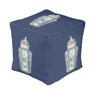 Decorative Asian Urn in Blue & White Pouf