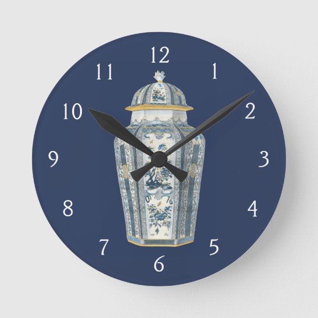 Decorative Asian Urn in Blue & White Round Clock (Front)