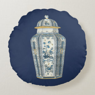 Decorative Asian Urn in Blue & White Round Pillow