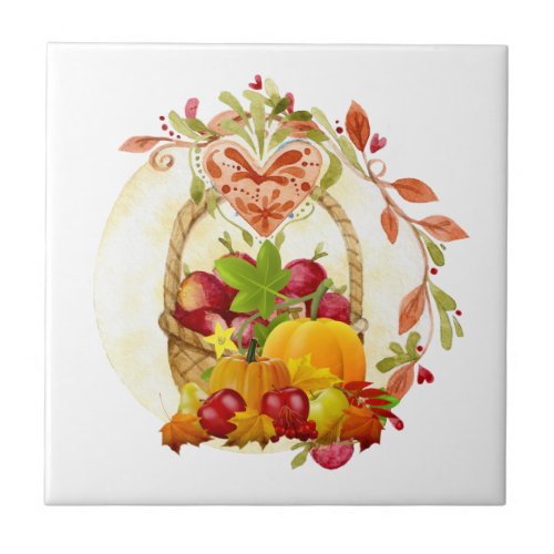 Decorative Autumn Harvest Basket Ceramic Tile