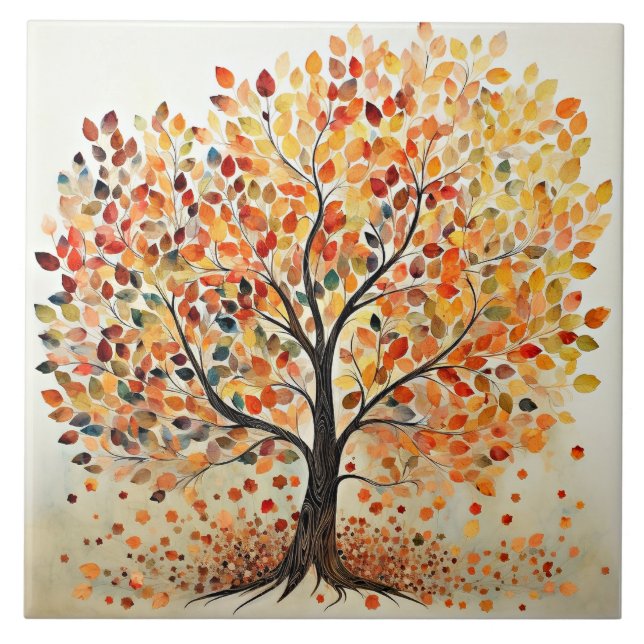 Decorative Autumn Leaves Tree Ceramic Tile (Front)
