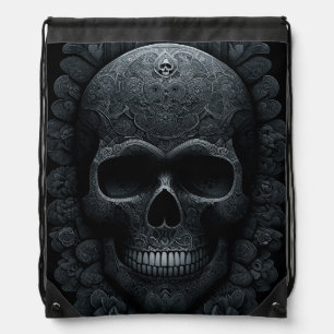 Decorative B&W Skull Collection Mexican Folk Drawstring Bag