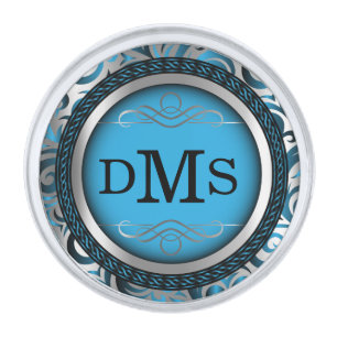 Decorative Baby Blue and Silver with Monogram Silver Finish Lapel Pin