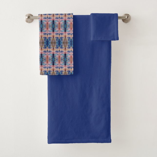 Decorative Bath Towel Set in Blue and Rose Pattern (Insitu)