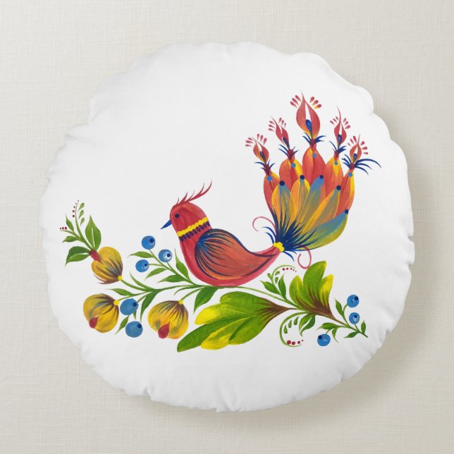 Decorative Bird with Flowers & Berries Round Pillow (Front)