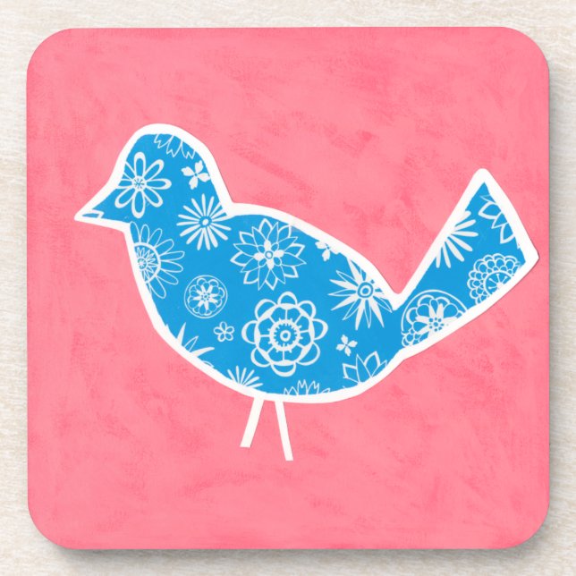 Decorative Bird with Patterns on Pink Background Beverage Coaster (Front)