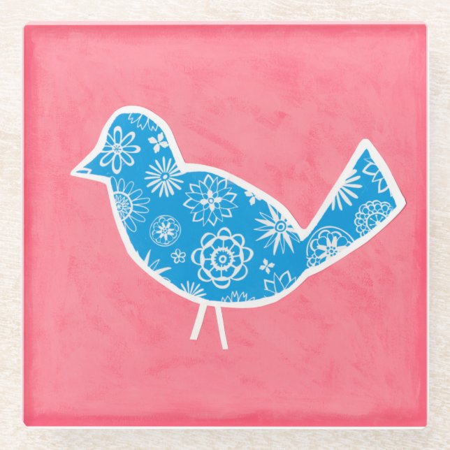 Decorative Bird with Patterns on Pink Background Glass Coaster (Front)
