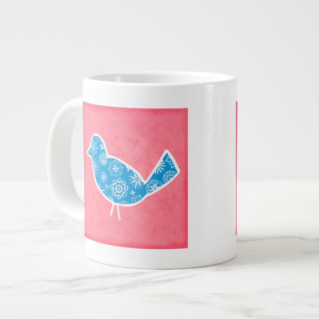 Decorative Bird with Patterns on Pink Background Large Coffee Mug (Front Left)