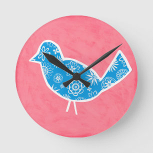 Decorative Bird with Patterns on Pink Background Round Clock