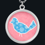 Decorative Bird with Patterns on Pink Background Silver Plated Necklace<br><div class="desc">Megan Meagher created this lovely painting of a decorative bird with floral patterns,  resting on a pink background. Have an empty wall in your nursery? This would make a great choice to fill it up!</div>