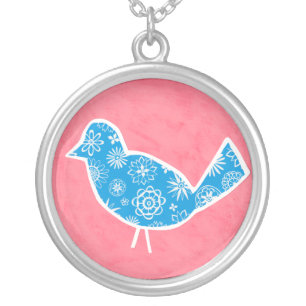 Decorative Bird with Patterns on Pink Background Silver Plated Necklace