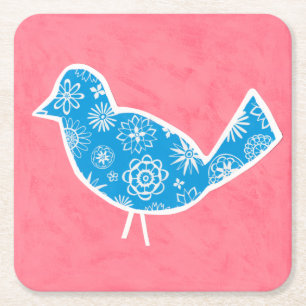 Decorative Bird with Patterns on Pink Background Square Paper Coaster