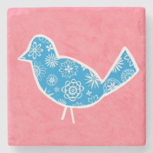 Decorative Bird with Patterns on Pink Background Stone Coaster