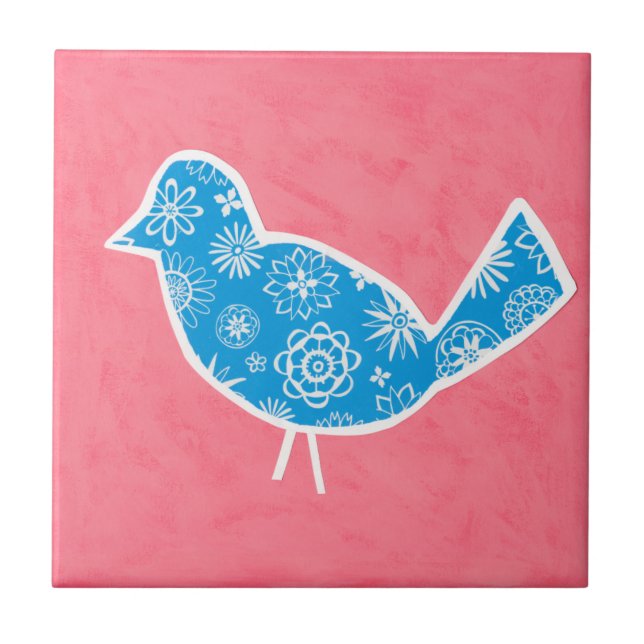 Decorative Bird with Patterns on Pink Background Tile (Front)
