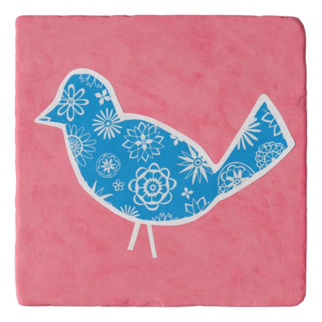 Decorative Bird with Patterns on Pink Background Trivet (Front)
