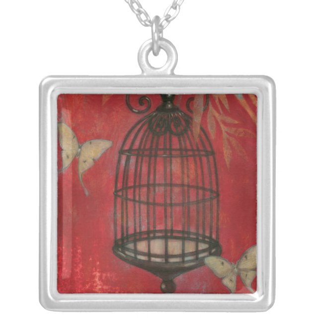 Decorative Birdcage with Butterflies Silver Plated Necklace (Front)