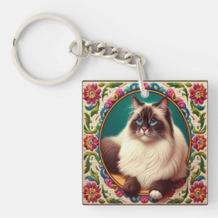 Decorative Birman Cat Colorful Flowers Border Keychain