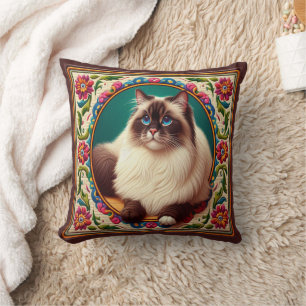 Decorative Birman Cat Colorful Flowers Border Throw Pillow