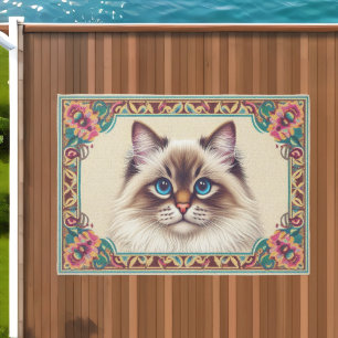 Decorative Birman Cat Colorful Framed Border Outdoor Rug