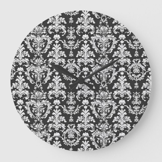 Decorative Black and White Damask Pattern Large Clock (Front)