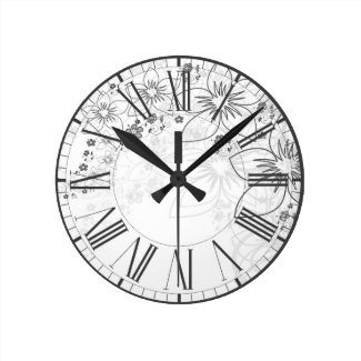 Decorative black & white floral pattern, ornament round clock