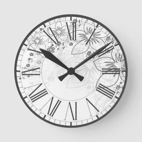 Decorative black  white floral pattern ornament round clock