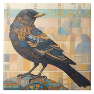 Decorative Blackbird Bird Art Earth Tone Orange Ceramic Tile
