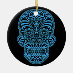Decorative Blue and Black Sugar Skull Ceramic Ornament