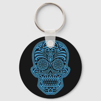 Decorative Blue and Black Sugar Skull Keychain